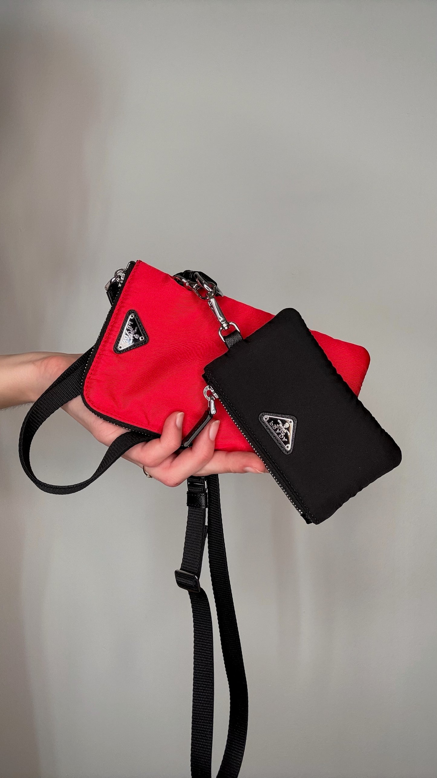 Prada Black and Red Nylon Clutch Set
