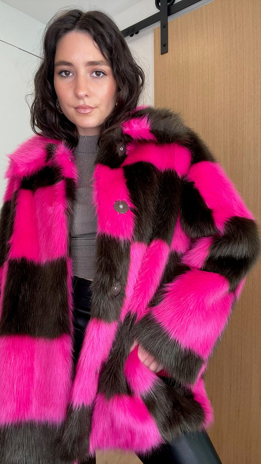 Checker Faux-Fur Coat - S