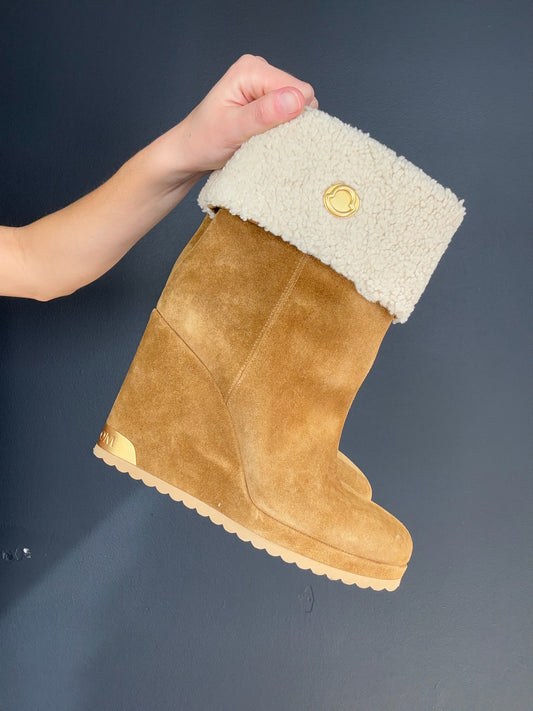 Moncler Suede and Shearling Wedge Heeled Boots - 38