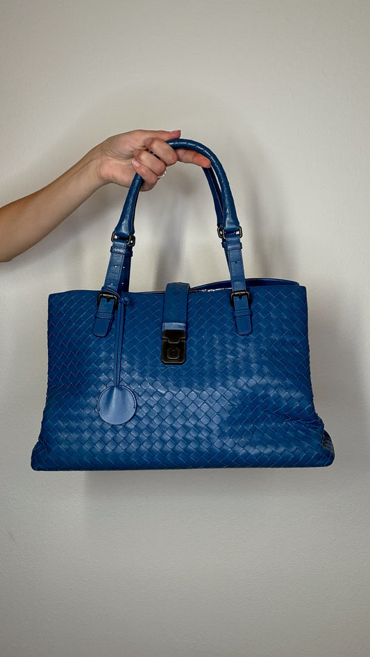 Blue Intrecciato Leather Tote