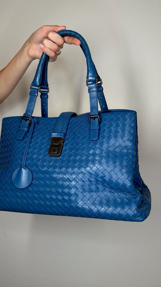 Blue Intrecciato Leather Tote