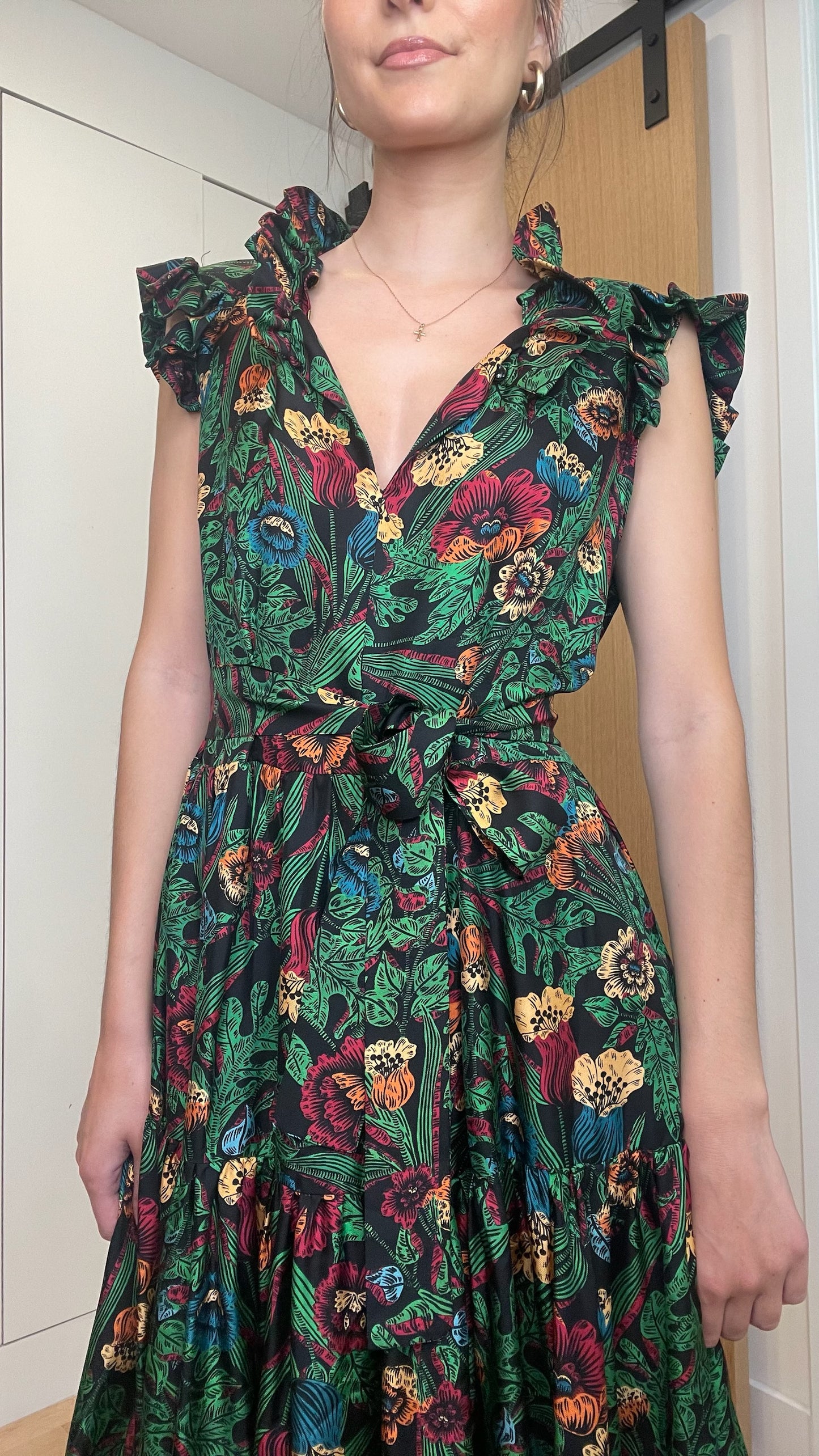 Green Silk Floral Dress - M