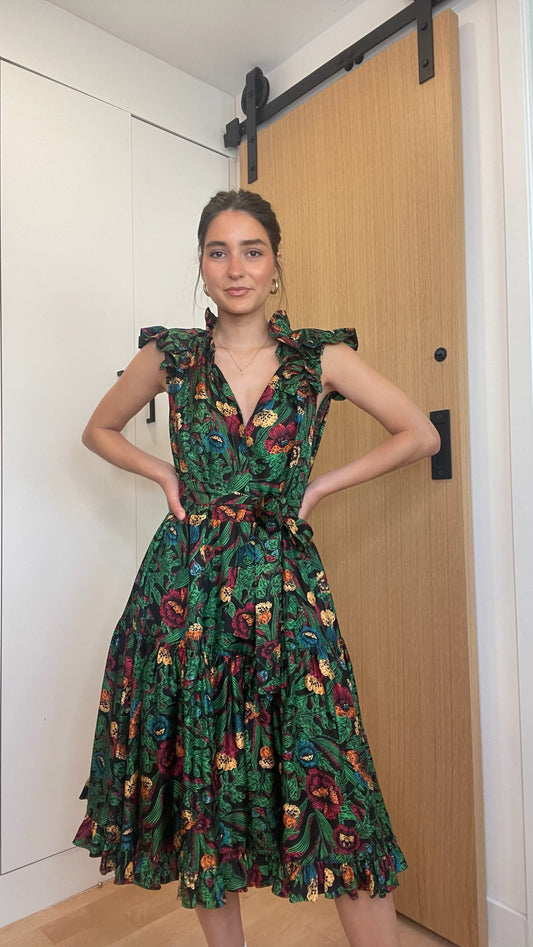 Green Silk Floral Dress - M