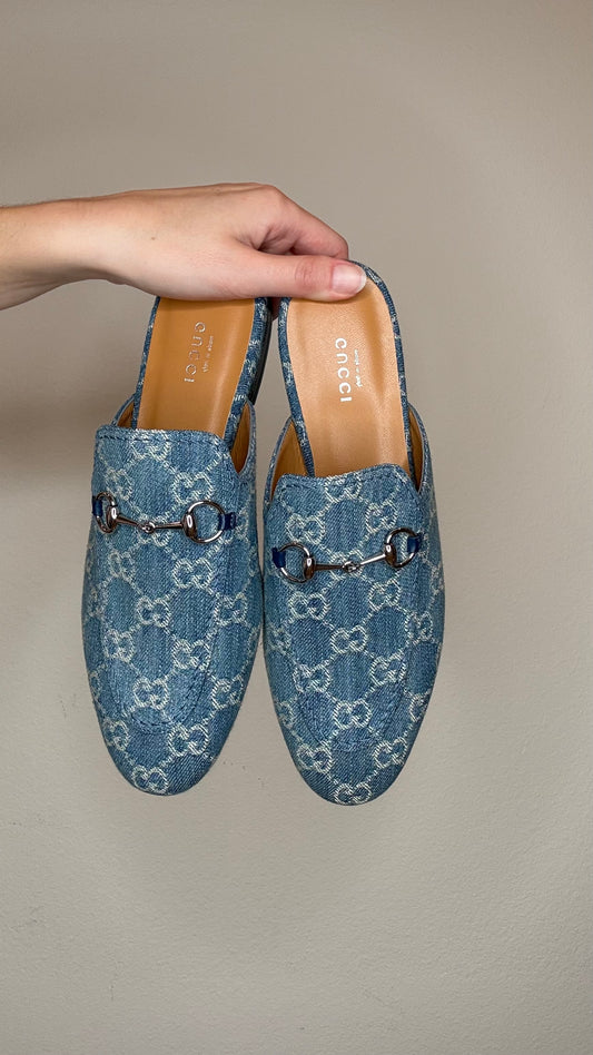 Gucci Denim Monogram Mules - 38.5