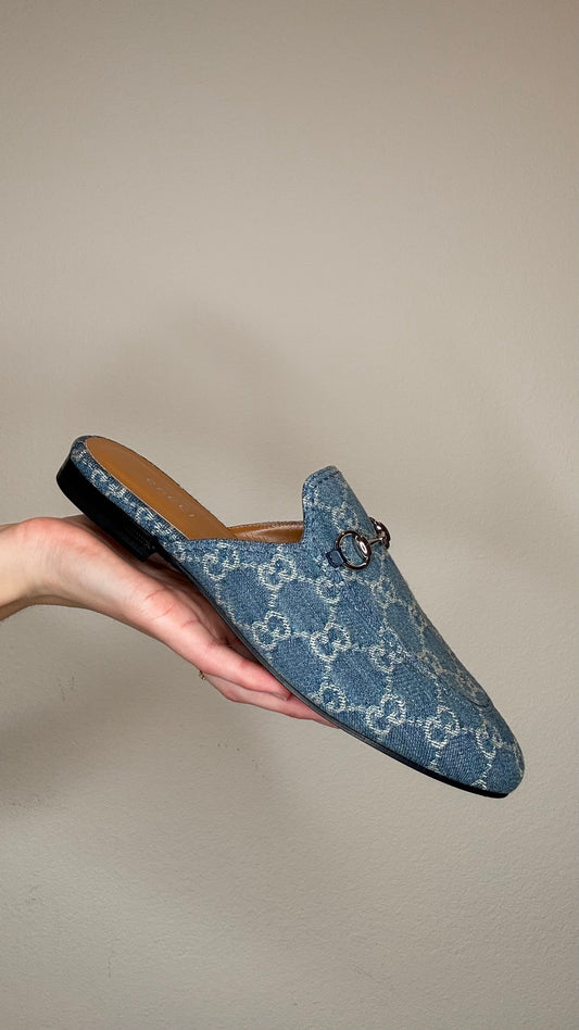 Gucci Denim Monogram Mules - 38.5