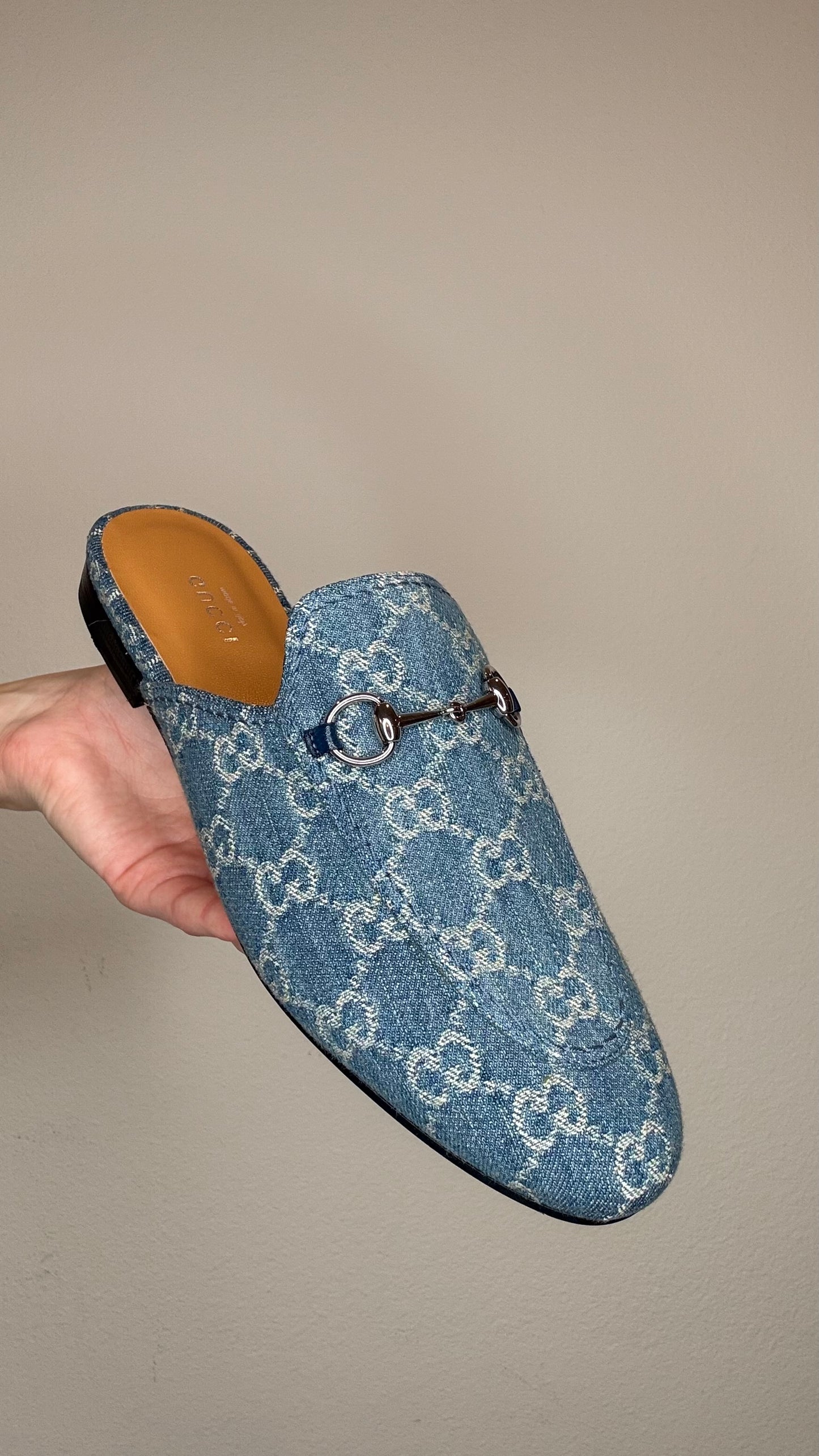 Gucci Denim Monogram Mules - 38.5