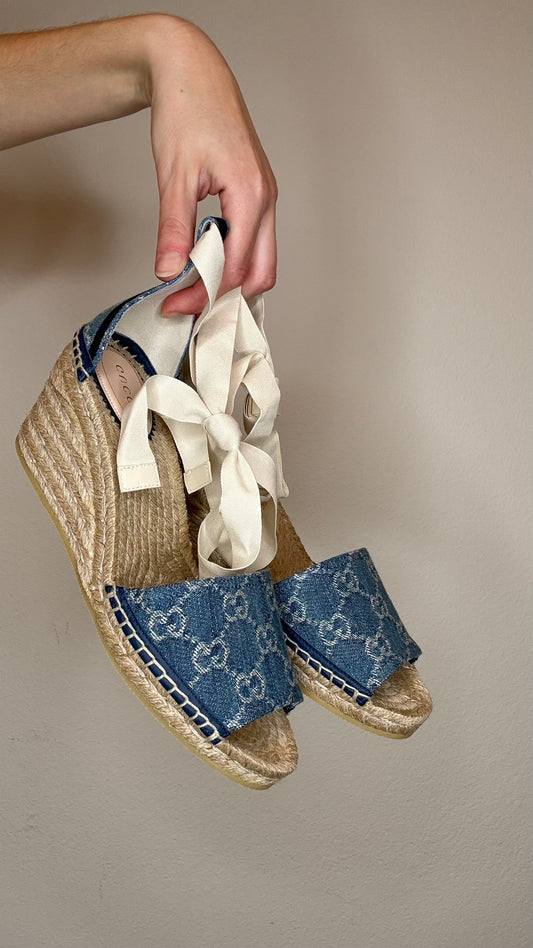 Gucci Denim & Raffia Wedge Heels - 39