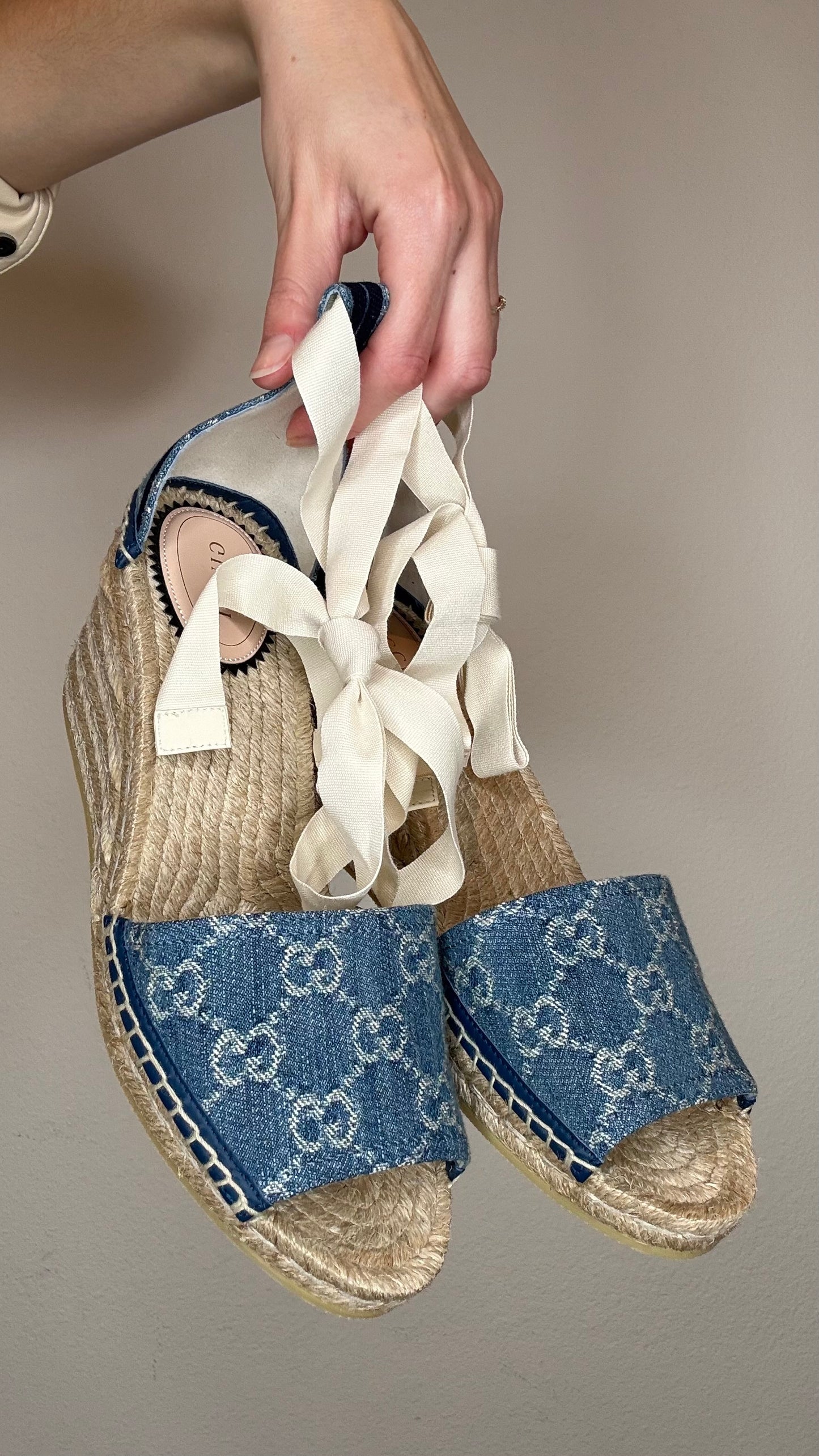 Gucci Denim & Raffia Wedge Heels - 39