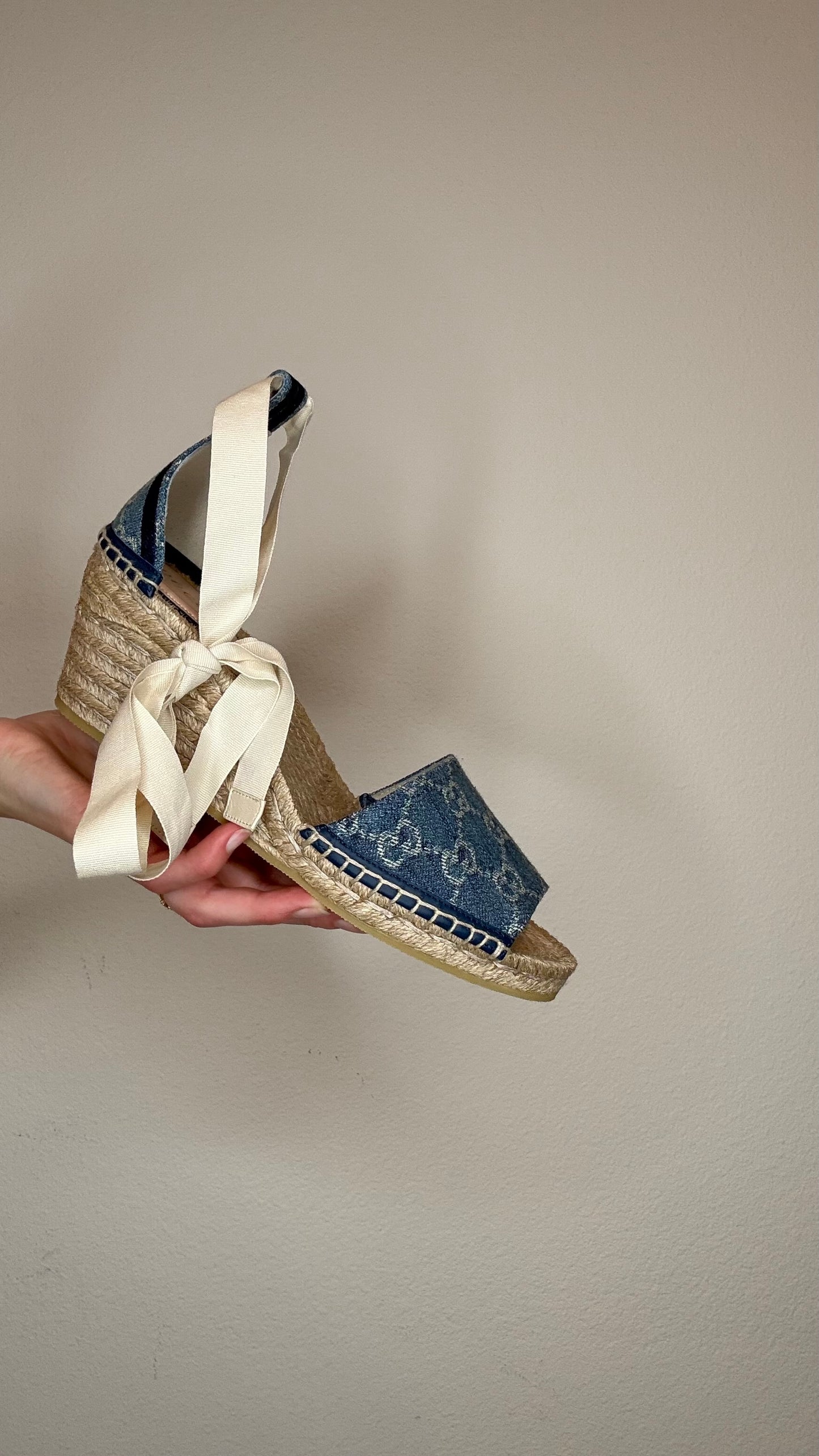 Gucci Denim & Raffia Wedge Heels - 39