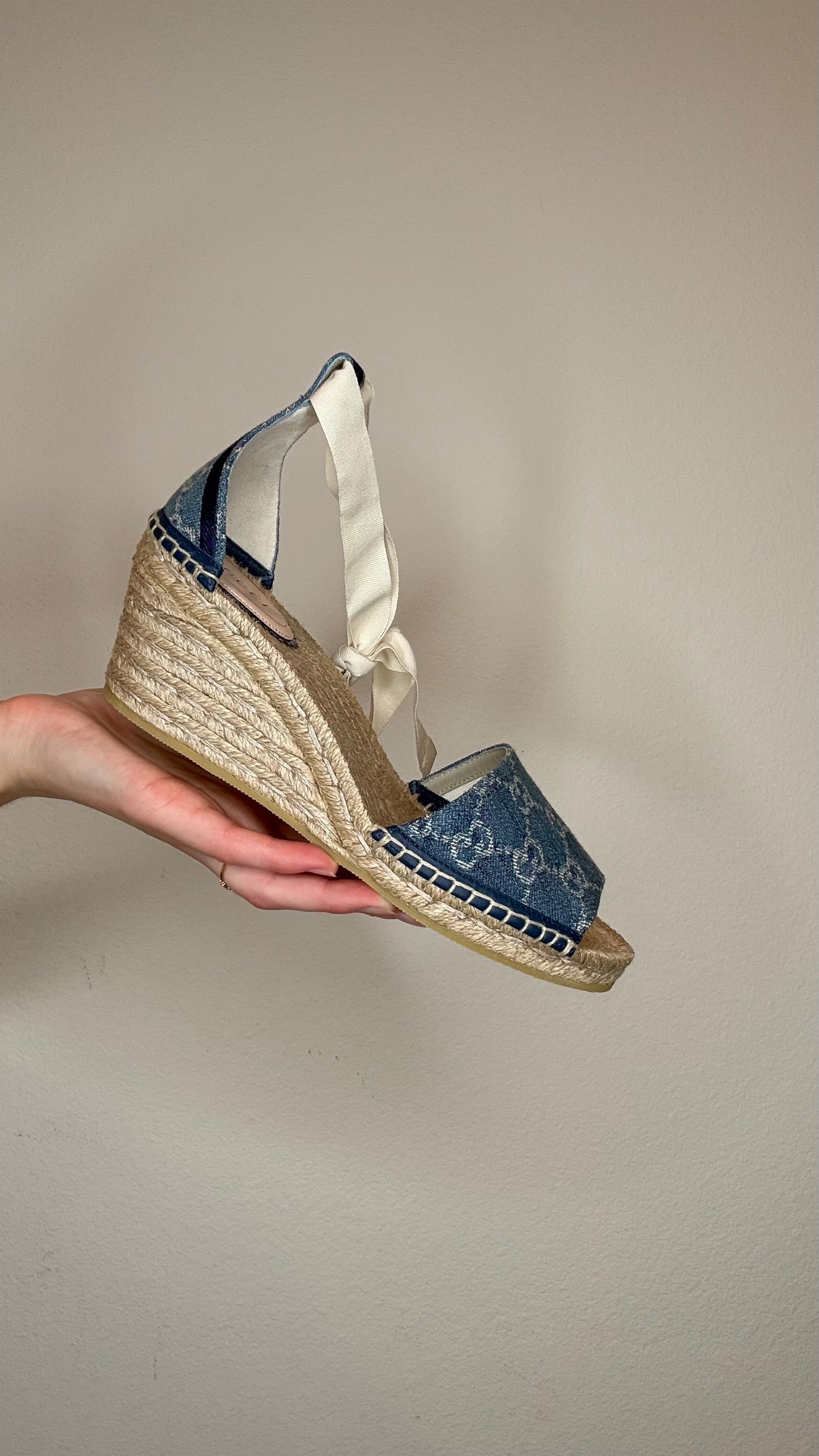 Gucci Denim & Raffia Wedge Heels - 39