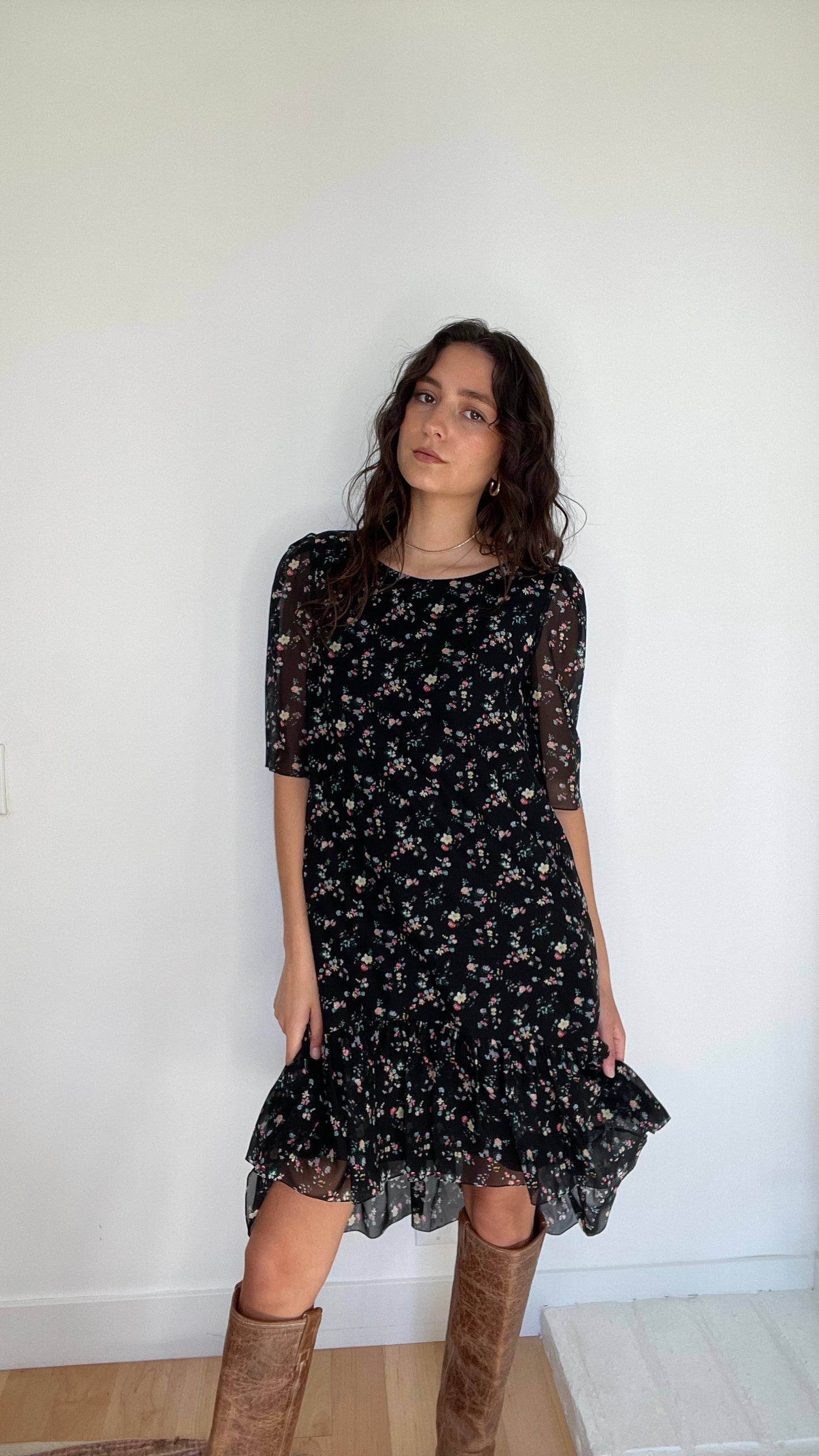 Floral Black Dress - S