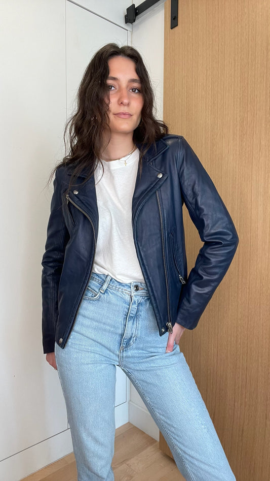 Navy Leather Jacket - XS