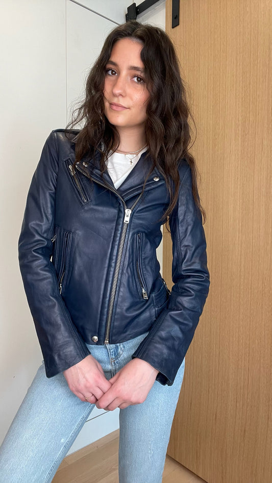 Navy Leather Jacket - XS
