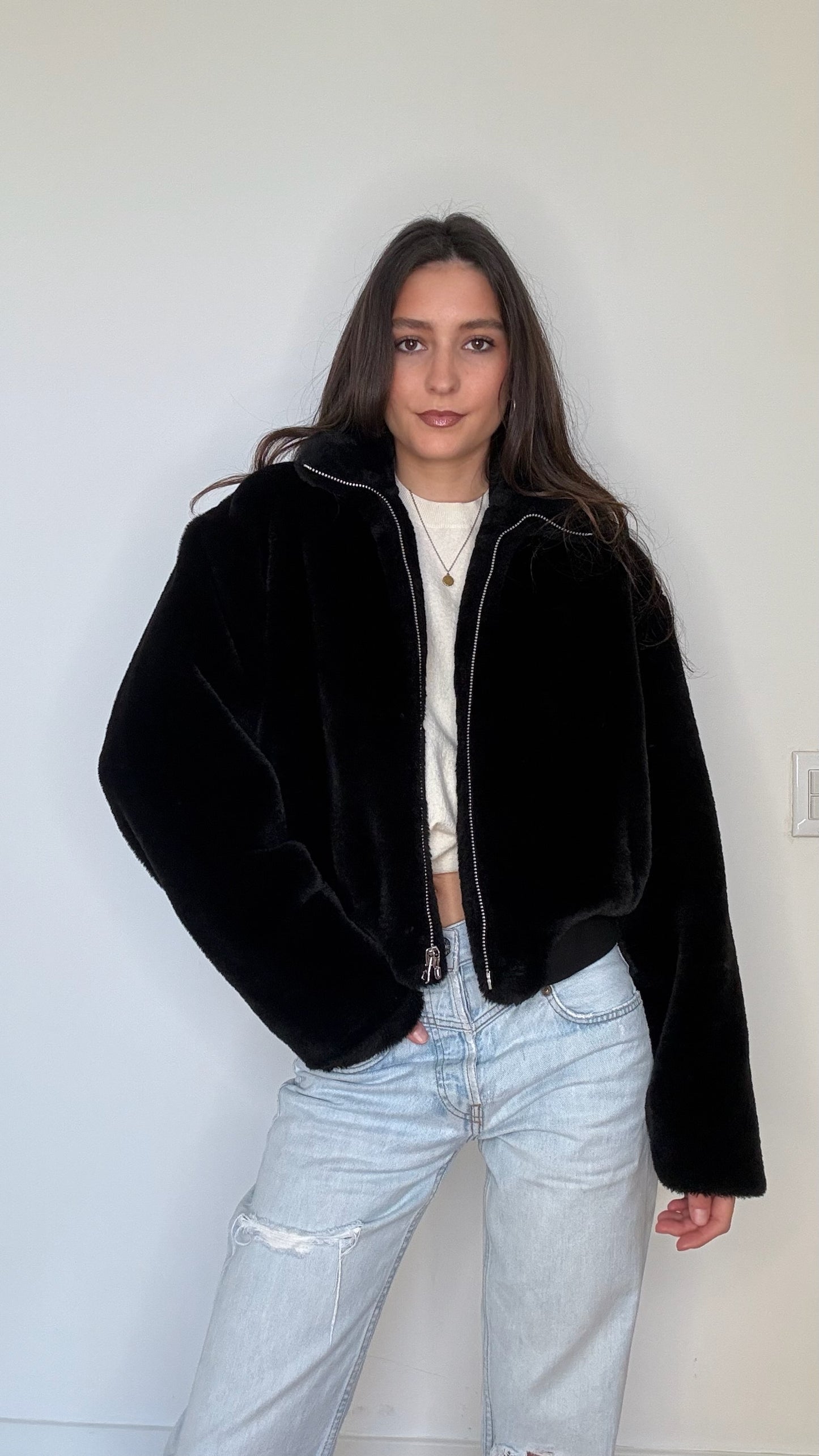 Black Faux-Fur Bomber - S