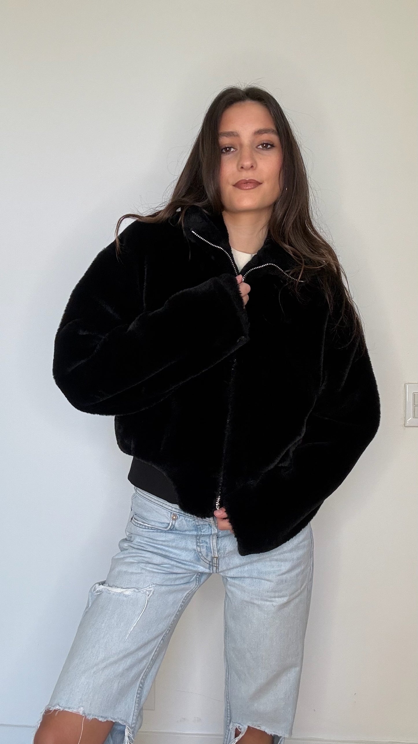 Black Faux-Fur Bomber - S