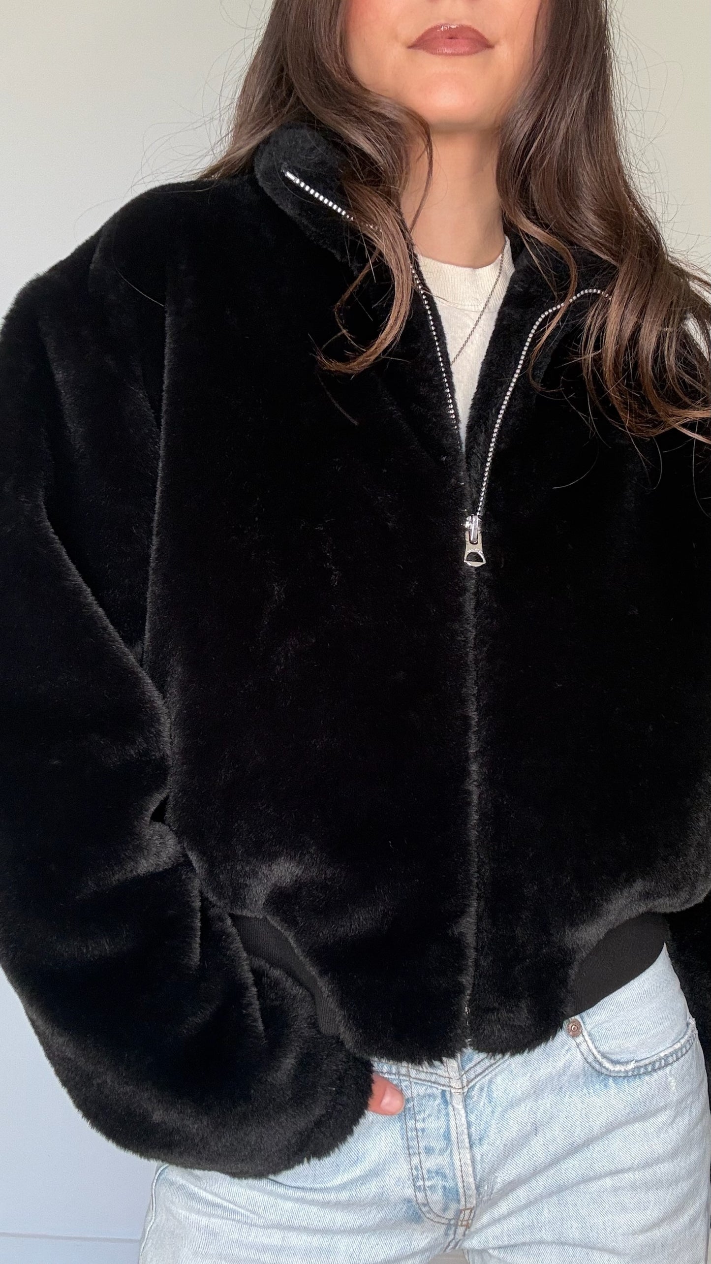 Black Faux-Fur Bomber - S