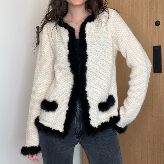Black & White Cardigan w/Fur - M