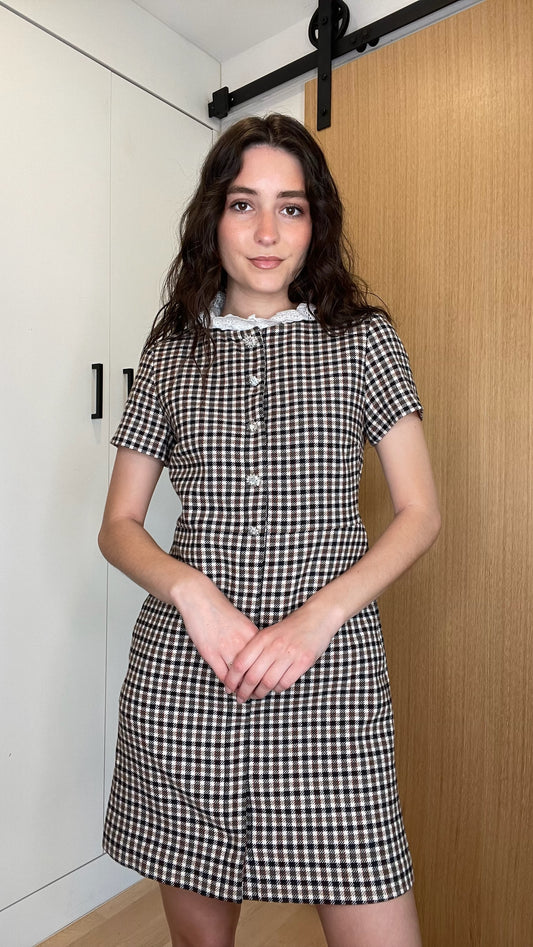Checker Print Dress w/ Lace Collar - XS