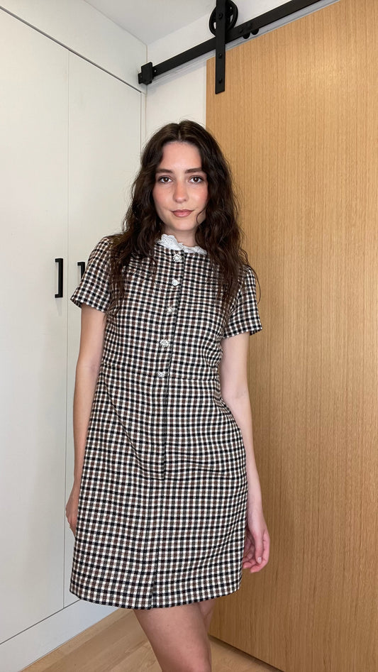 Checker Print Dress w/ Lace Collar - XS