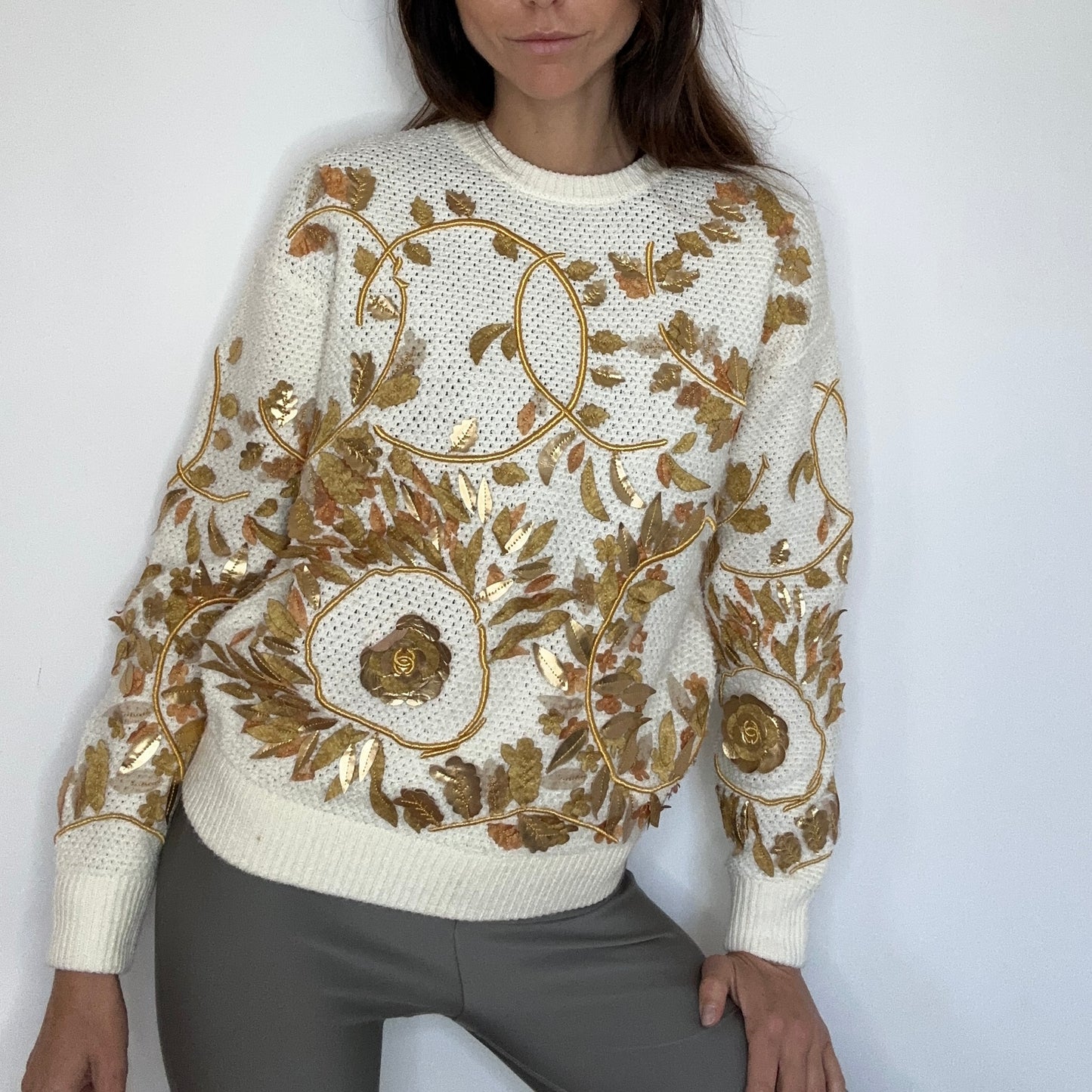 Gold Logo Cream Sweater - XS