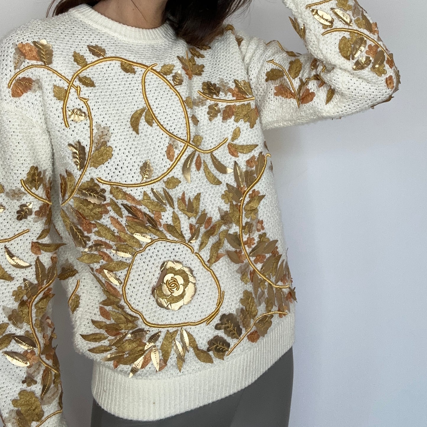 Gold Logo Cream Sweater - XS