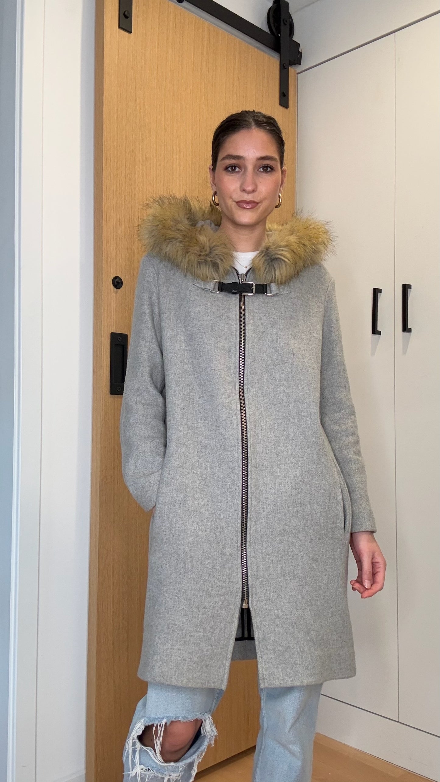 Maje Grey Coat with Fur - S