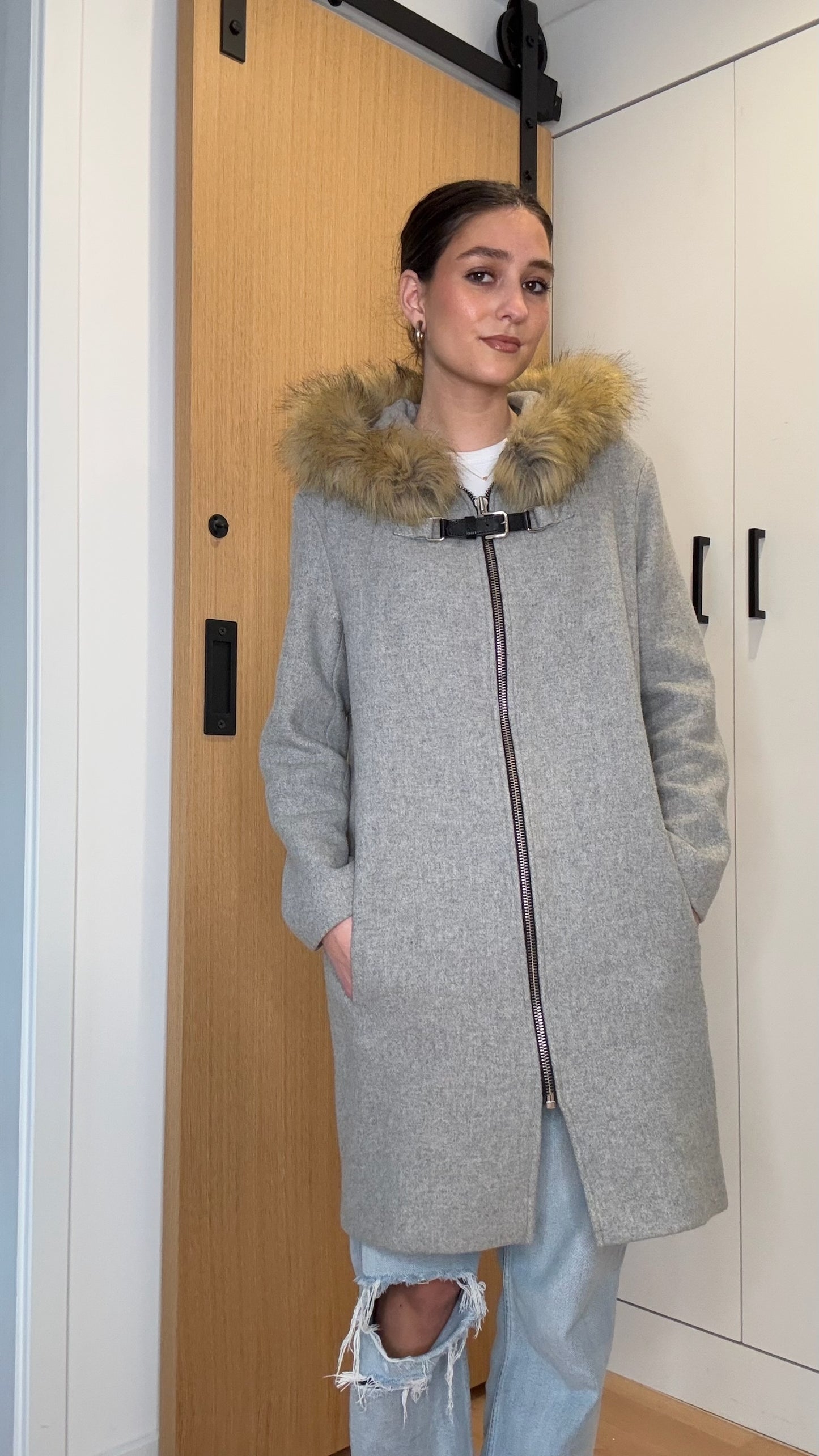 Maje Grey Coat with Fur - S