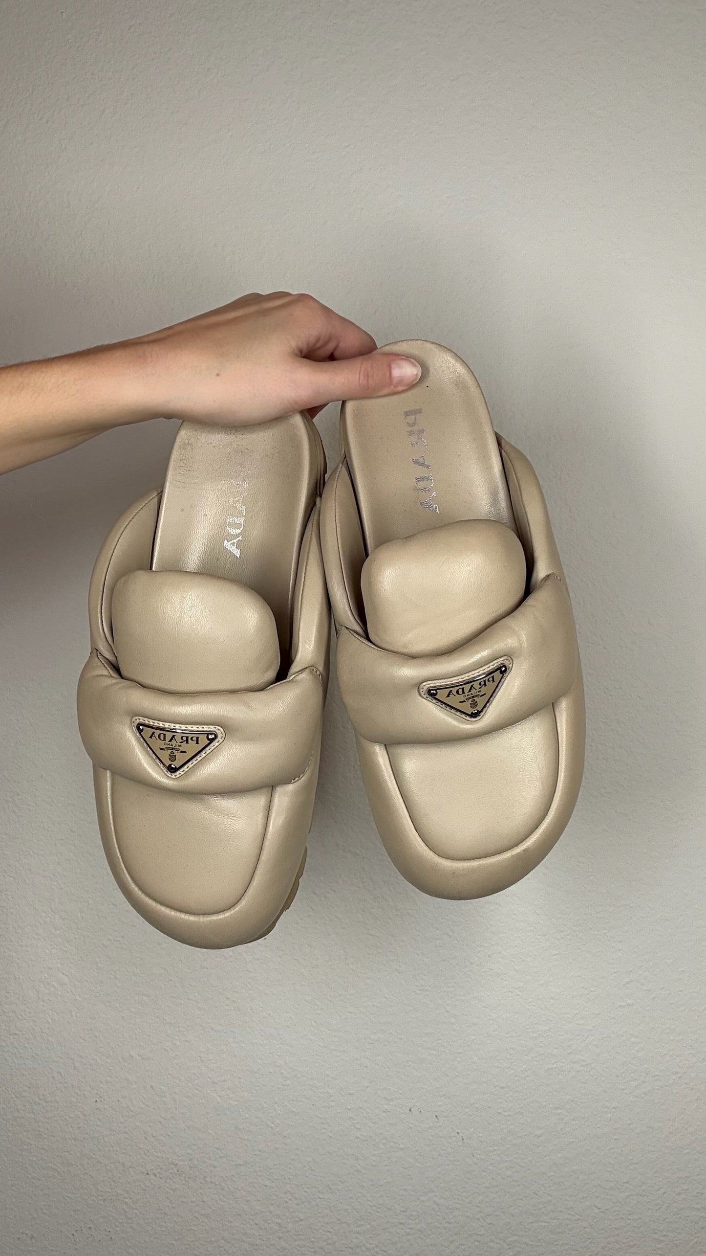 Prada Beige Padded Slides - 40