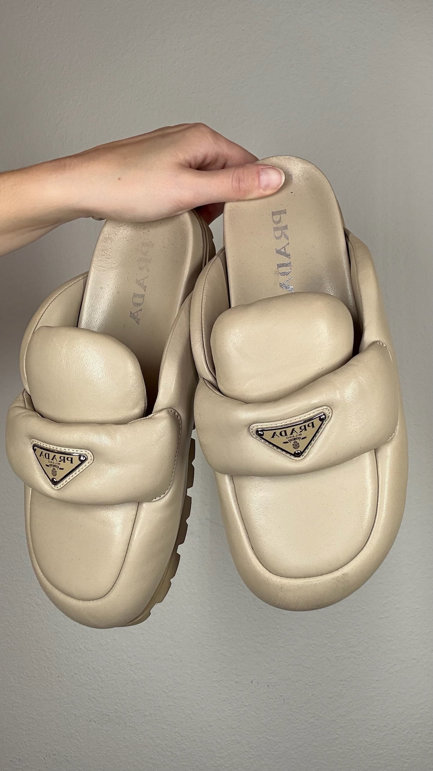 Prada Beige Padded Slides - 40
