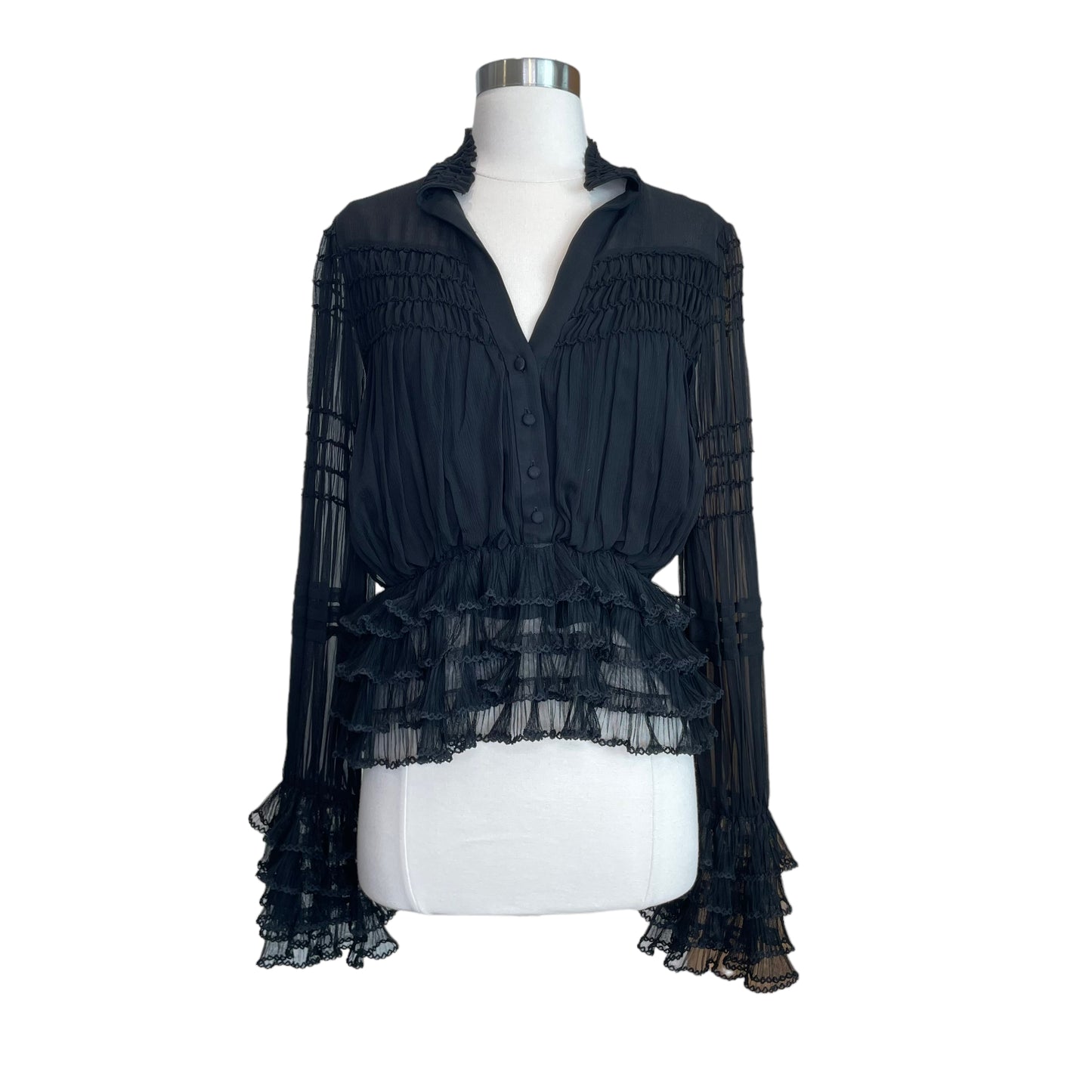 Black Ruffle Long Sleeve Top - S