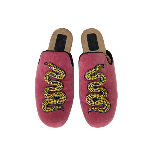 Pink Velvet & Crystal Mules - 8
