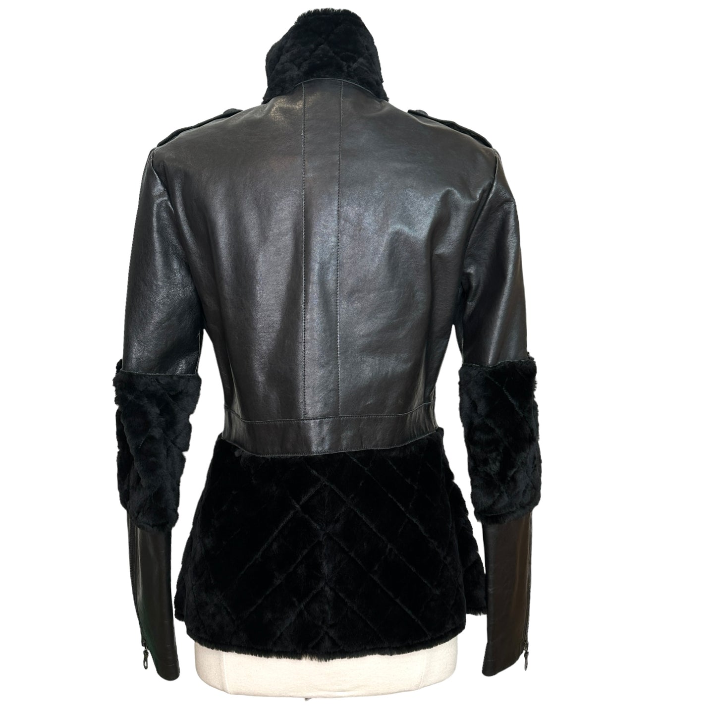 Diamond Quilted Black Leather Coat - S
