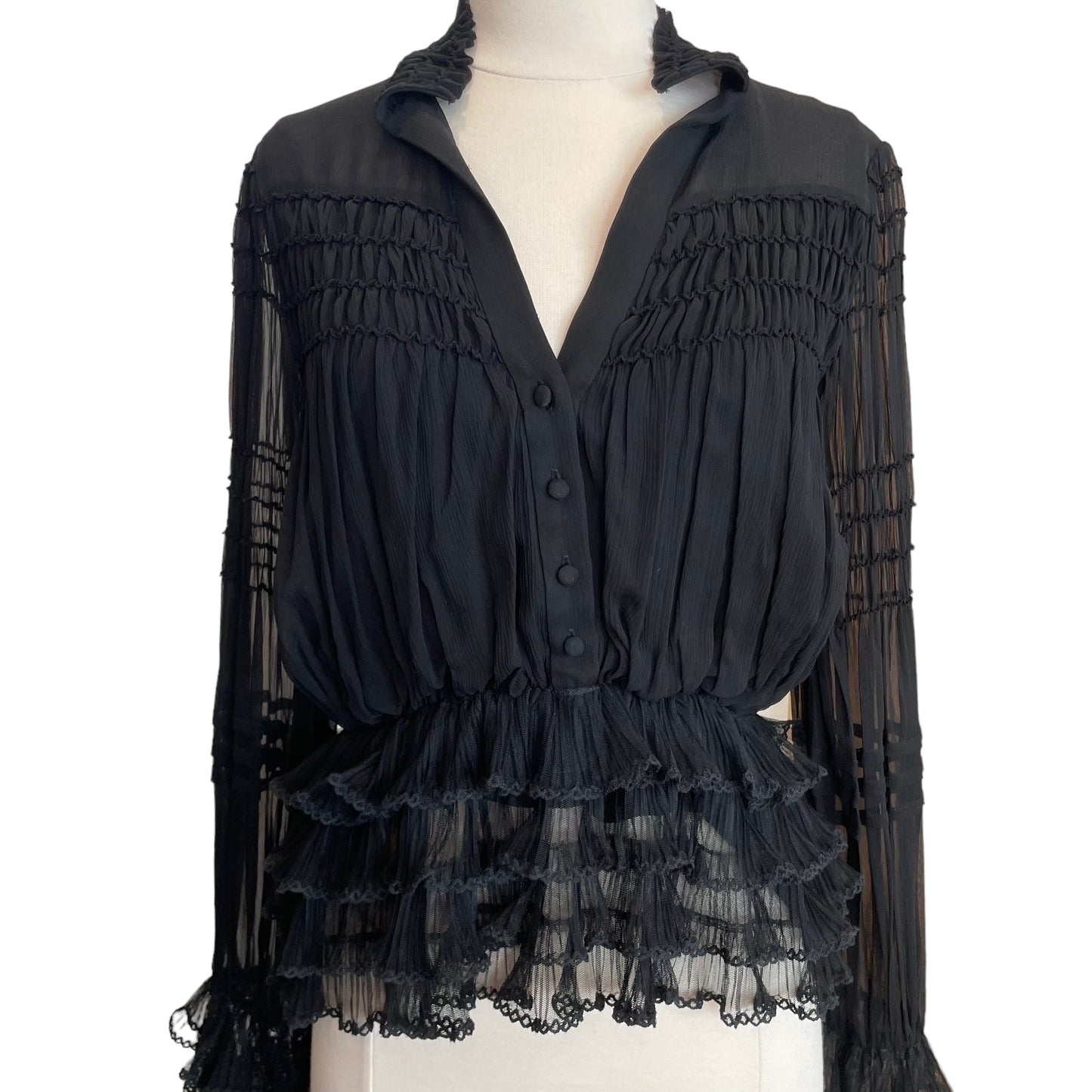 Black Ruffle Long Sleeve Top - S