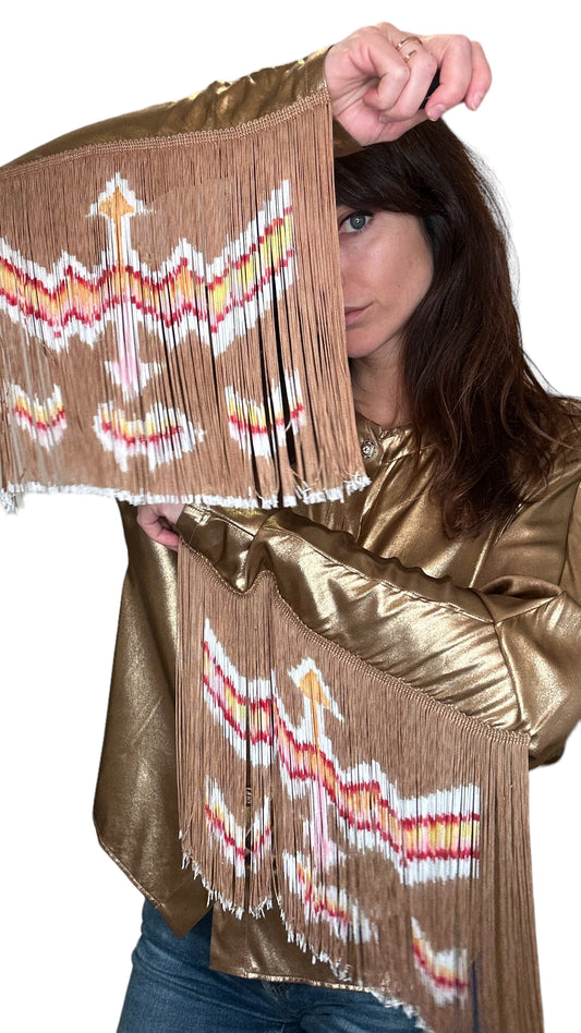 Paris-Dallas Gold Silk Top w/Fringes - S