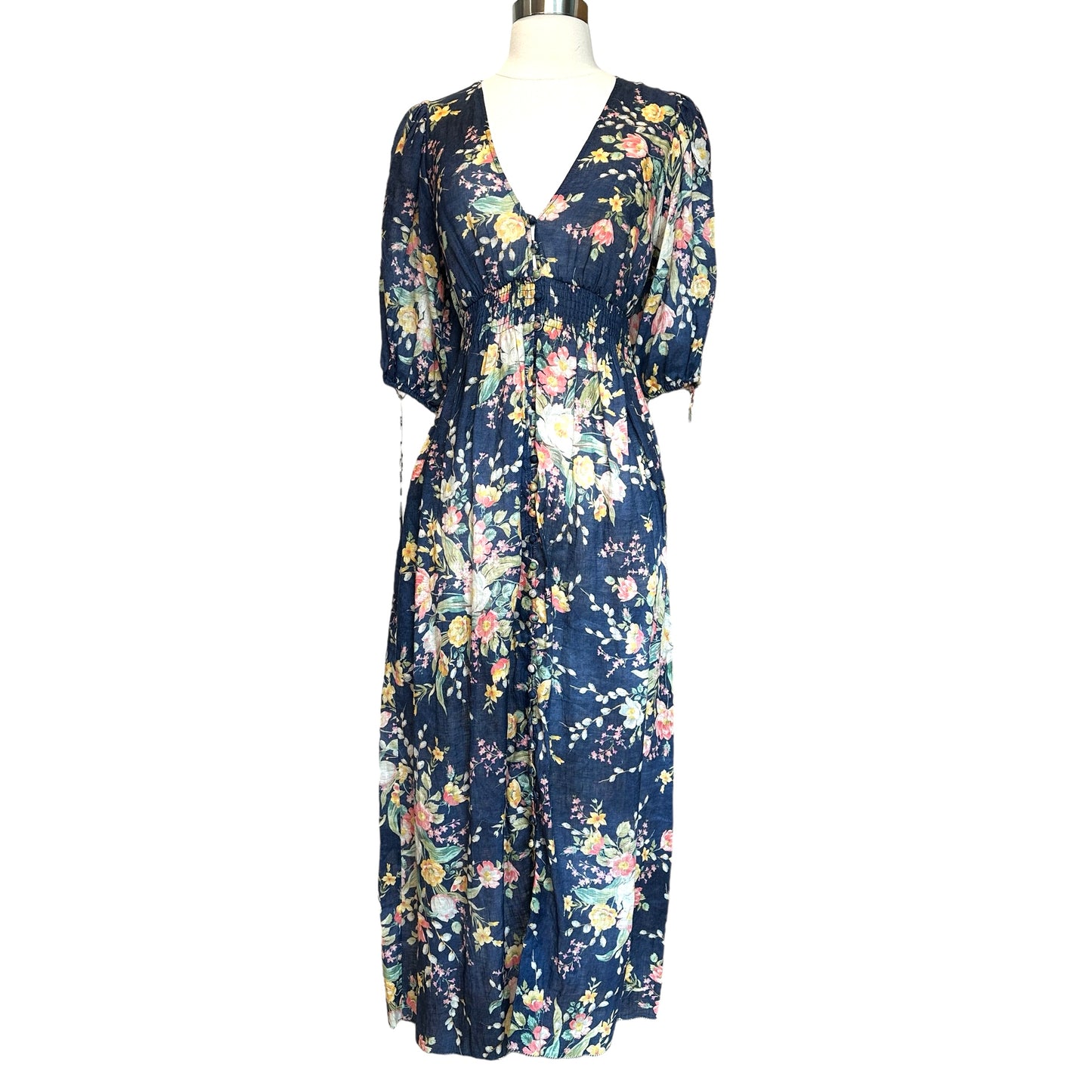 Navy Floral Linen Dress - 0