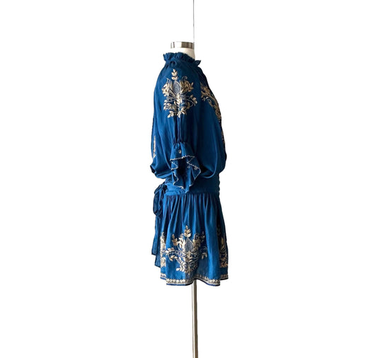 Blue & Gold Silk Dress - S