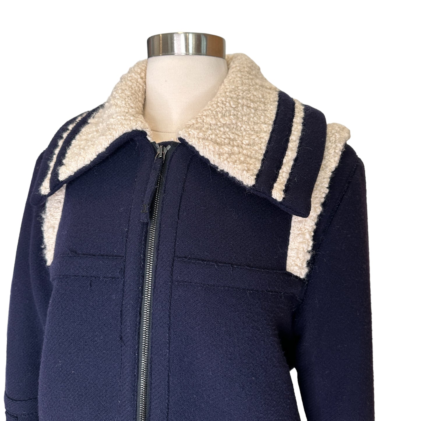 Navy & Cream Wool Coat - S