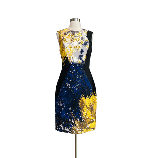 Blue and Yellow Floral Print Dress - 8