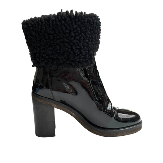 Black Patent Leather & Shearling Boots - 7