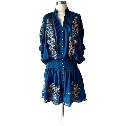 Blue & Gold Silk Dress - S