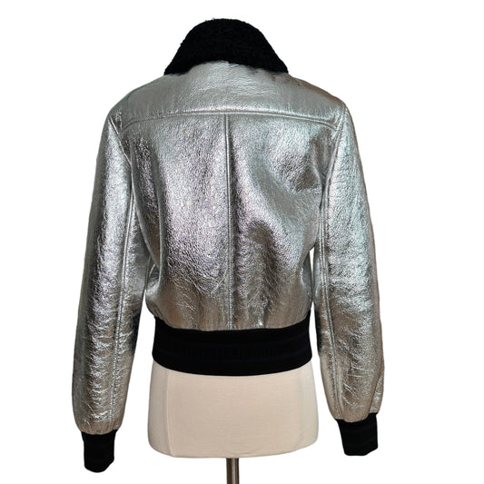 Silver Leather & Shearling Jacket - M
