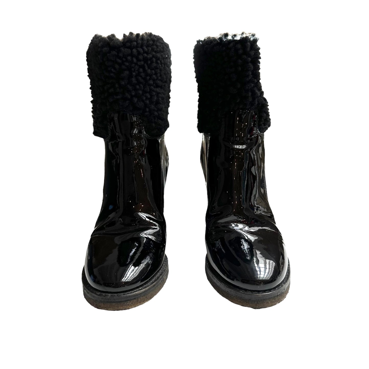 Black Patent Leather & Shearling Boots - 7