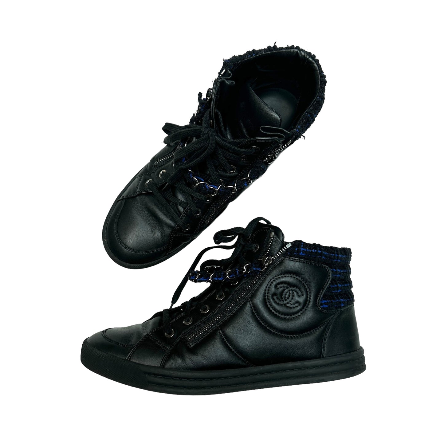 Black Leather & Tweed High Top Sneakers - 10