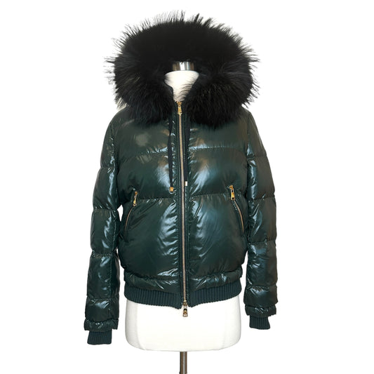 Green Puffer Coat w/Fur - S