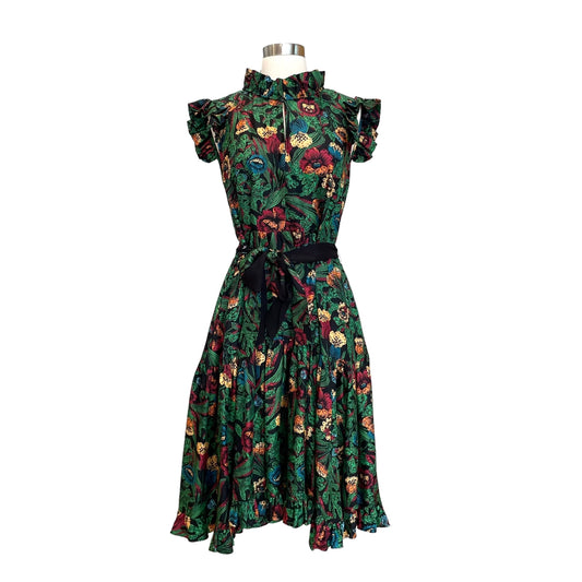 Green Silk Floral Dress - M