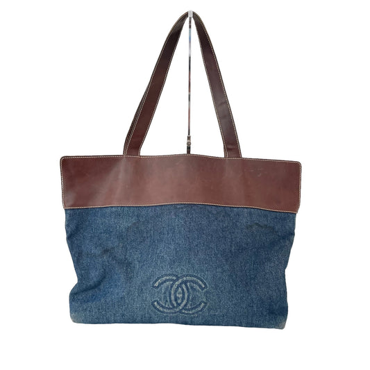 Denim and Leather Logo Tote Bag