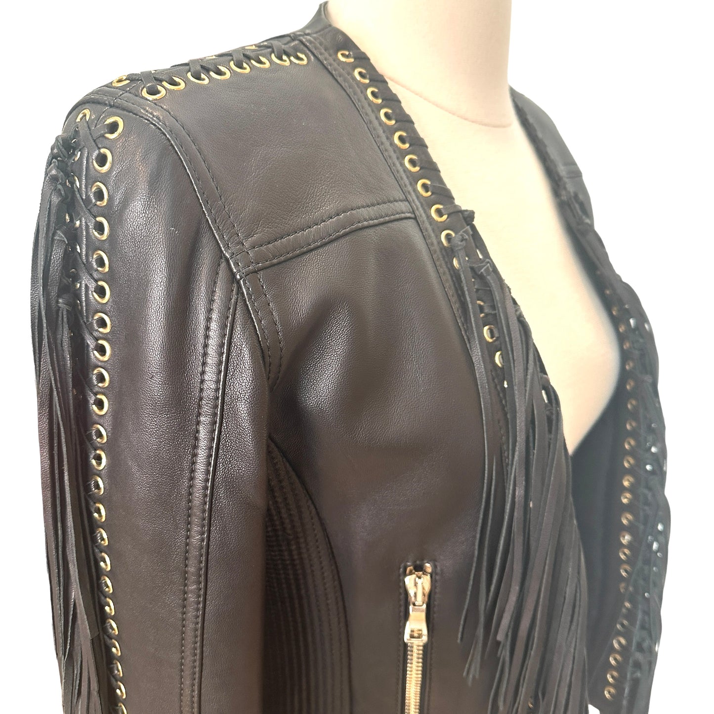 Black Leather Fringes Jacket - S