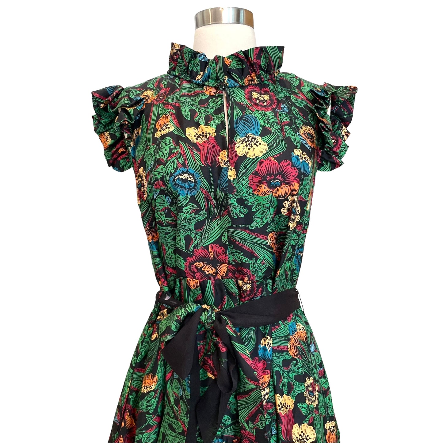 Green Silk Floral Dress - M