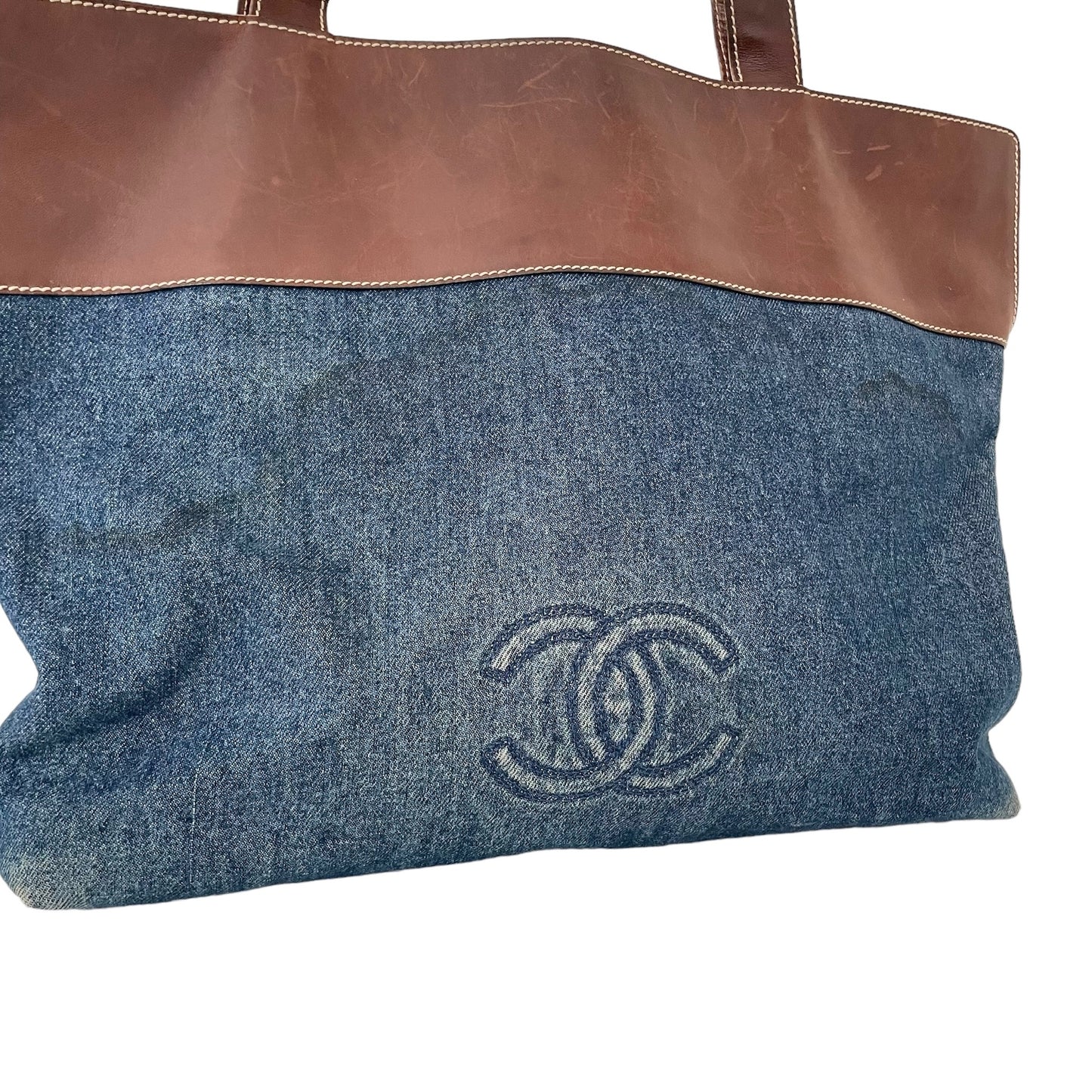 Denim and Leather Logo Tote Bag