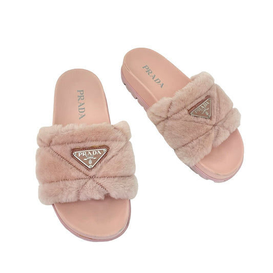 Pink Shearling Logo Slides - 7.5